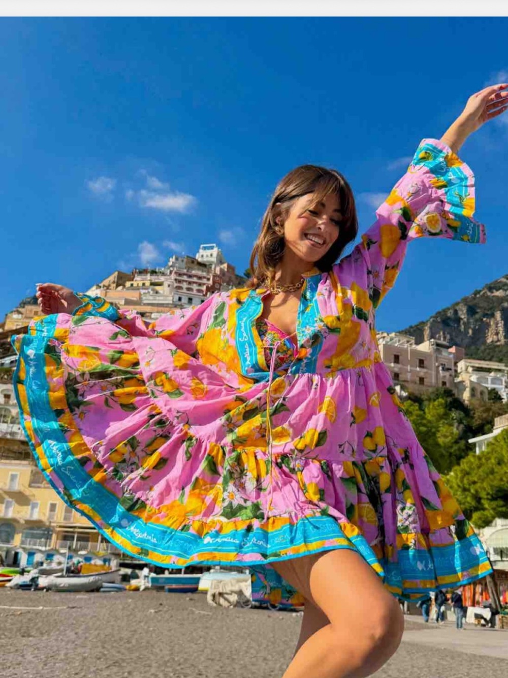 Antica Sartoria Pink Floral Lemon Print Tiered Mini Dress with Turquoise Trim